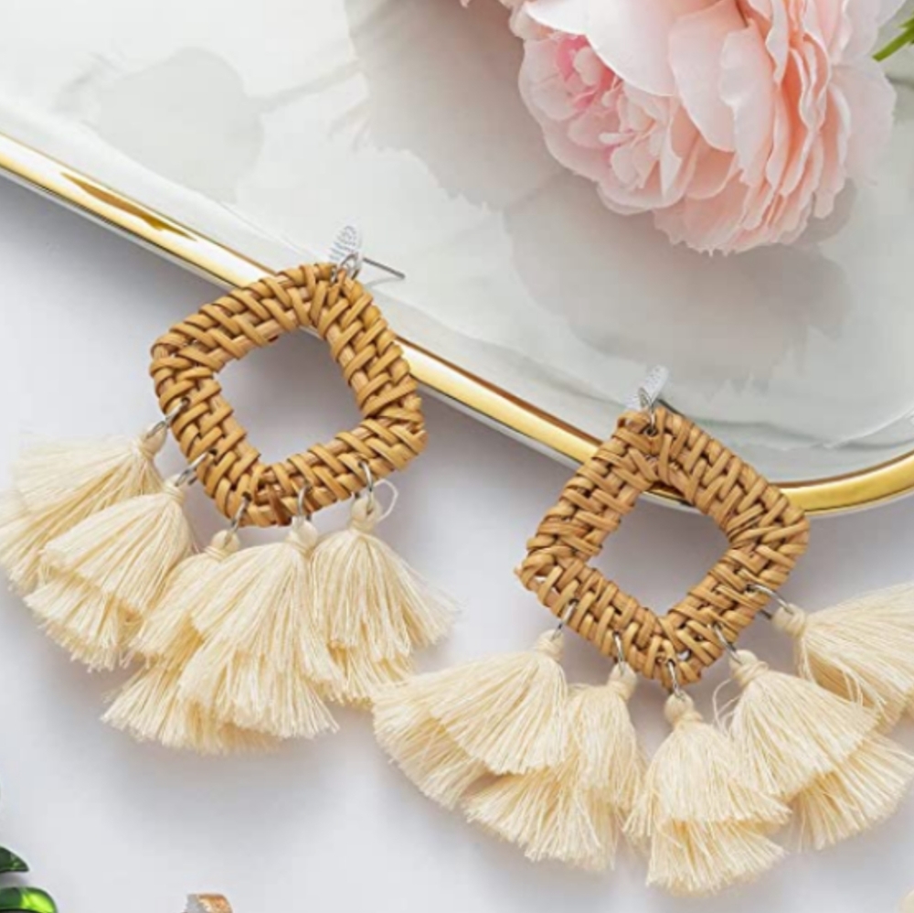 Handmade Boho Rattan Tassel Drop Earrings